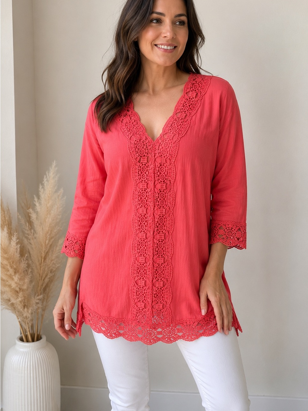Isaac Mizrahi Coral Lace-Trim V-Neck Tunic